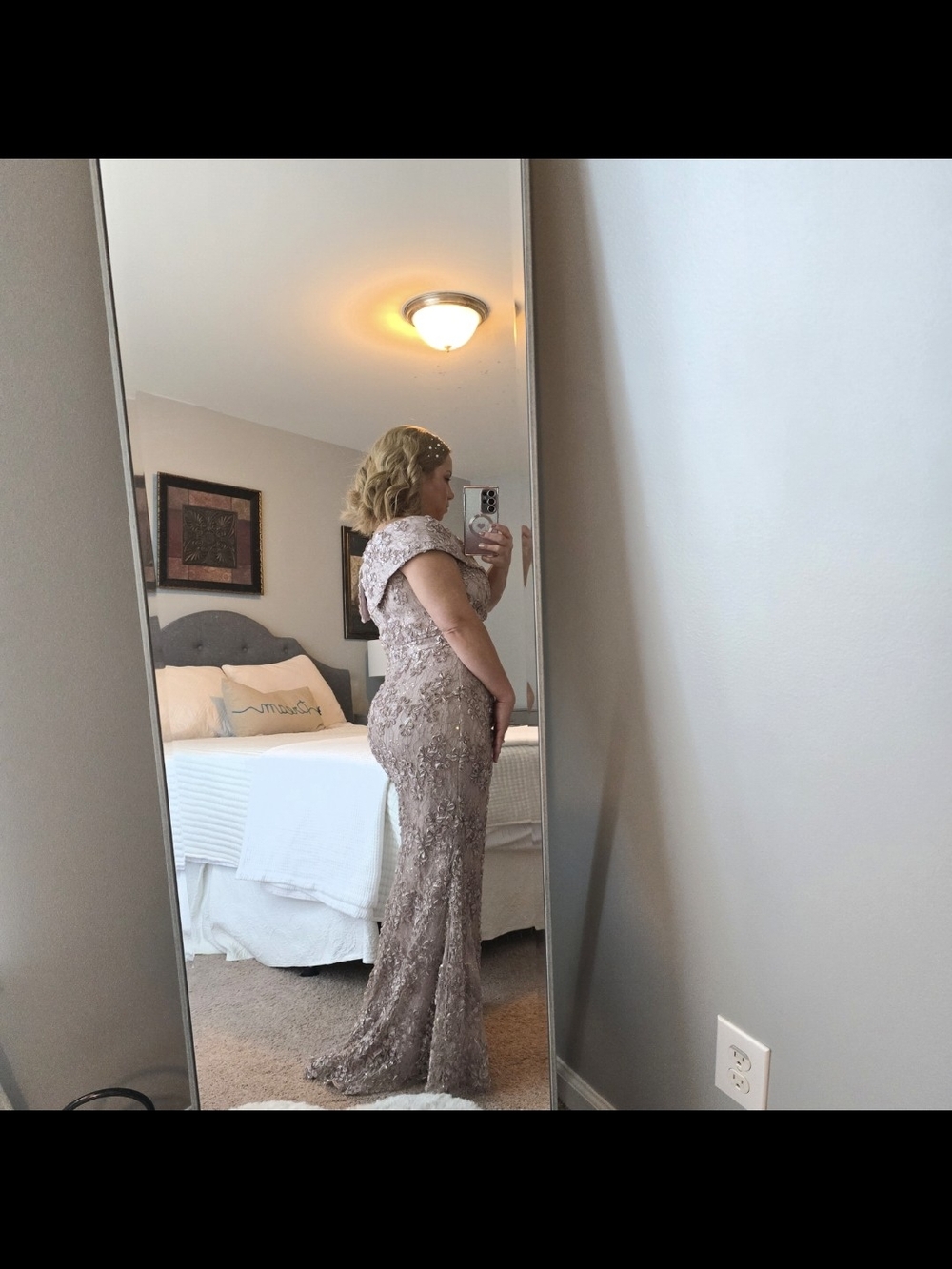 Xscape Champagne Lace Sequin Gown